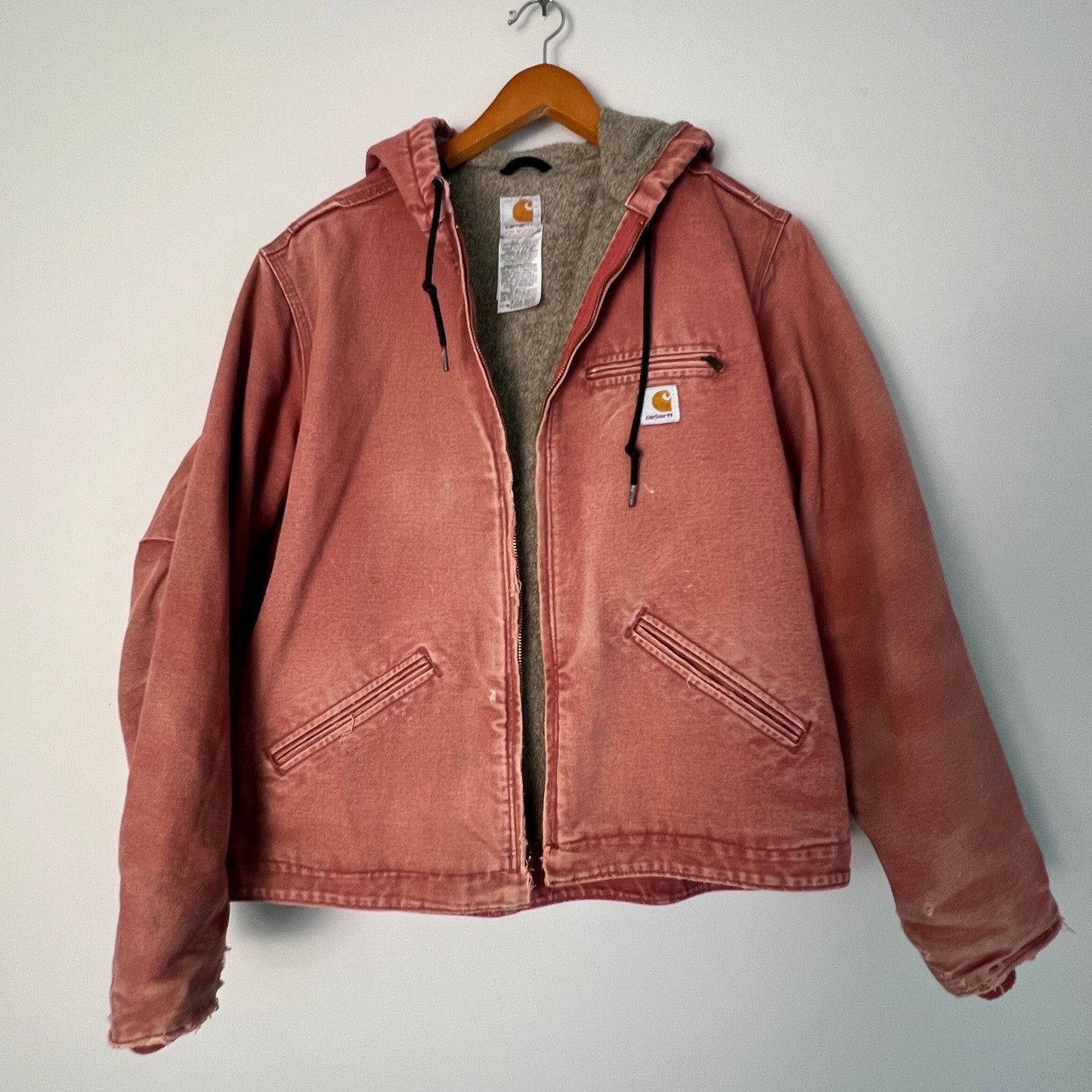 Carhartt WJ141 Sierra Jacket Women XL Rose Pink Sherpa Lined Hooded Work Coat