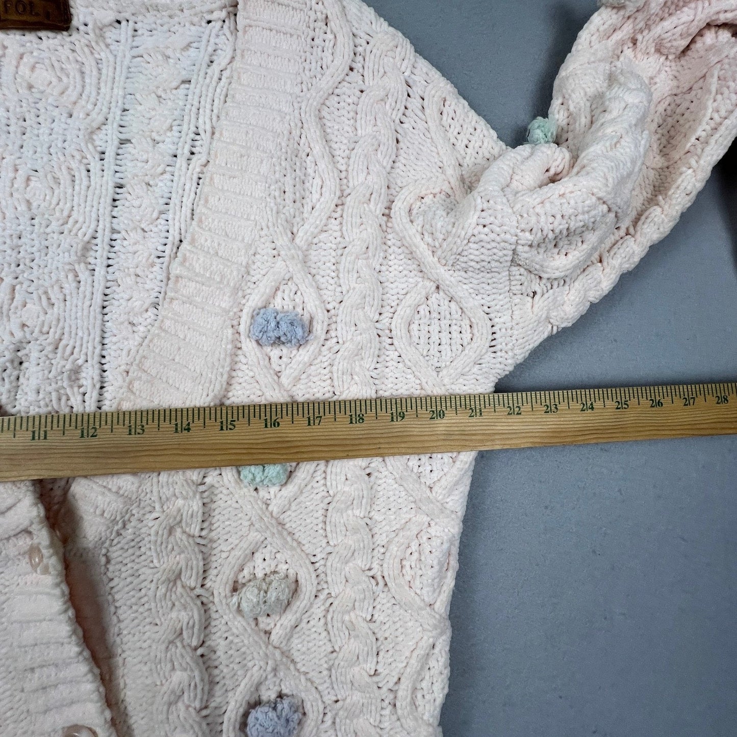 POL Cardigan Sweater Women Medium Cream Chenille Cable Knit Pom Pom Coquette