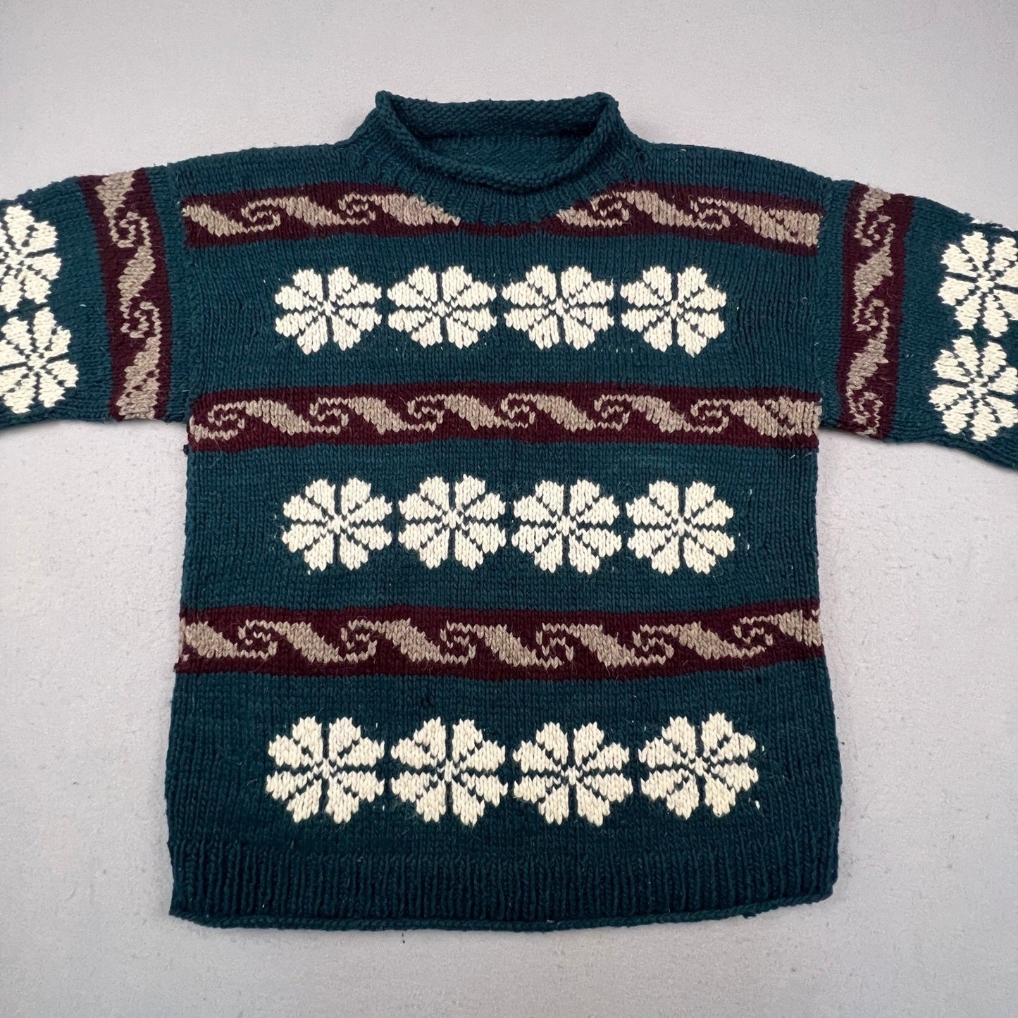 Hand Knit Nordic Snowflake Sweater Mens XL Teal Wool Blend Fair Isle Cabin Core