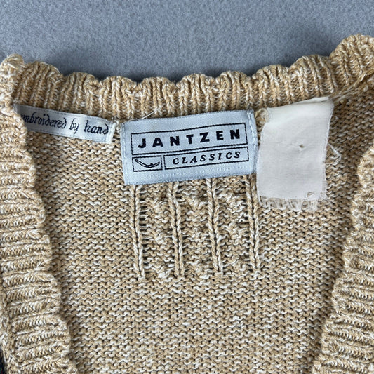 VTG Jantzen Sweater Vest Tan Embroidered Floral Cable Knit Cottagecore