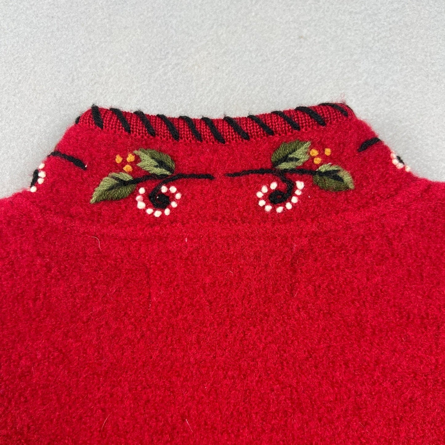 VTG Norm Thompson 100% Wool Jacket Small Red Embroidered Zip Up Cardigan Festive