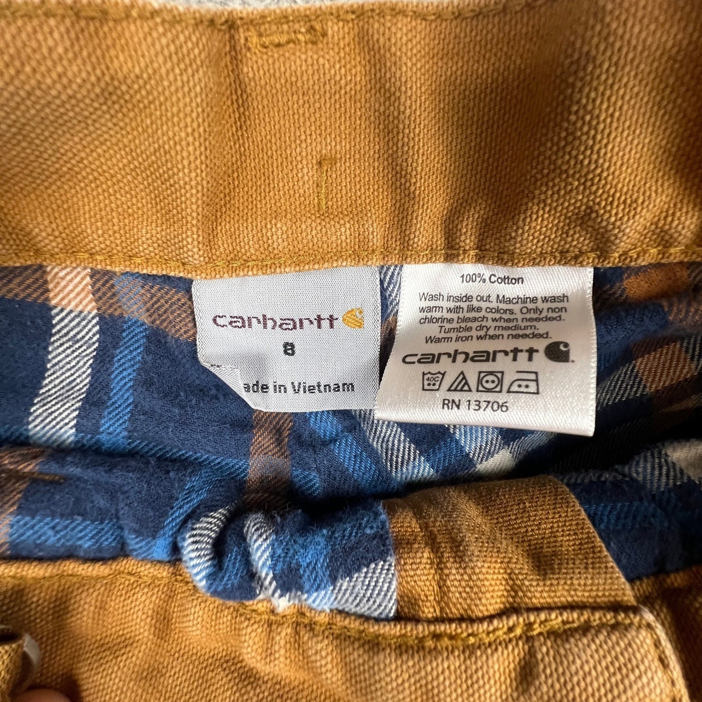 Carhartt Carpenter Pants Kids 8 Brown Flannel Lined Canvas Duck Workwear Utility