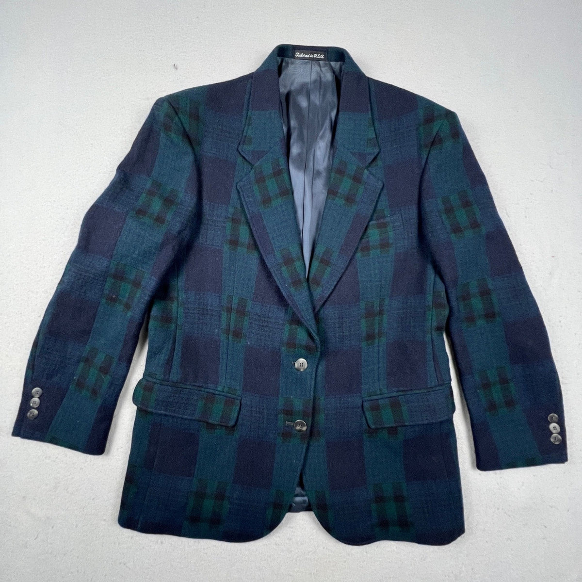 Vintage Woolrich Plaid Blazer Men Small Mallard Green Navy Blue Wool Blend USA