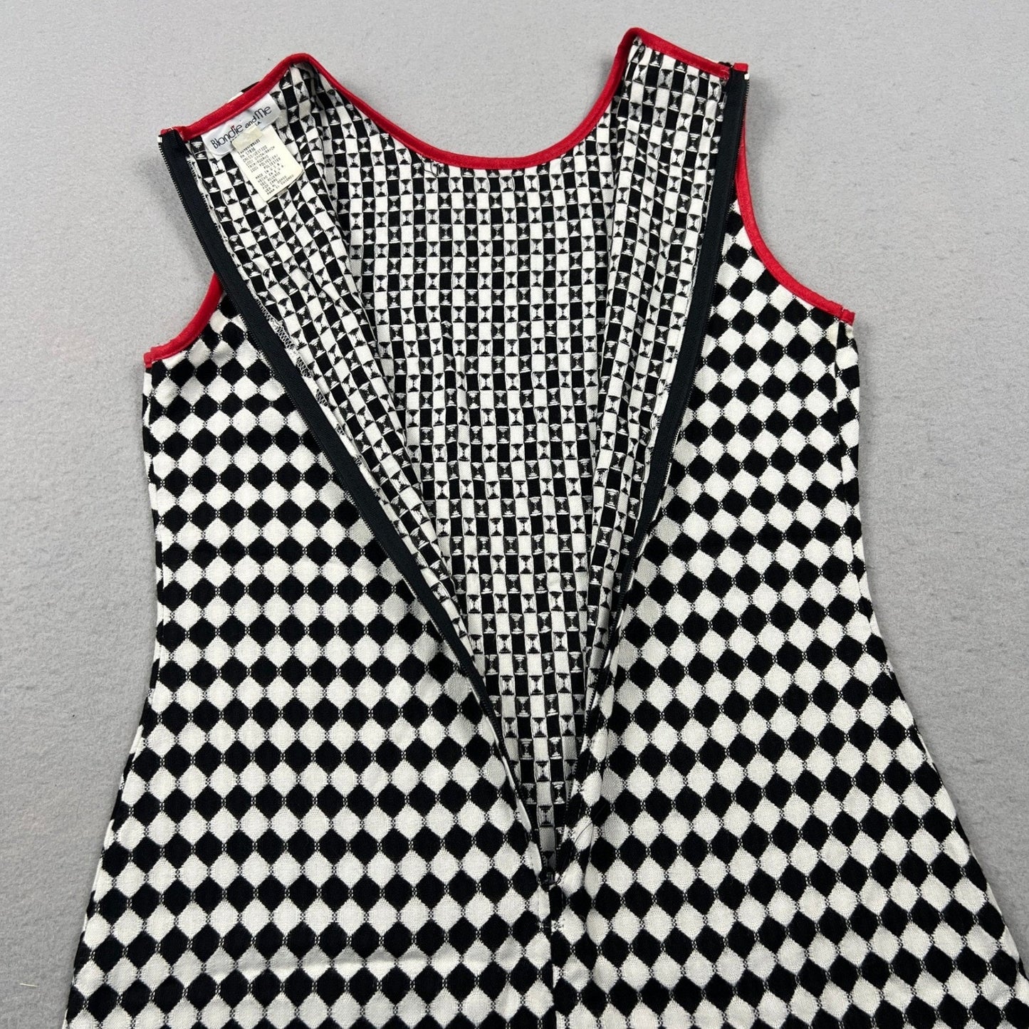 Vintage 90s Harlequin Diamond Print Shift Dress Womens 9 Black White Mod Retro