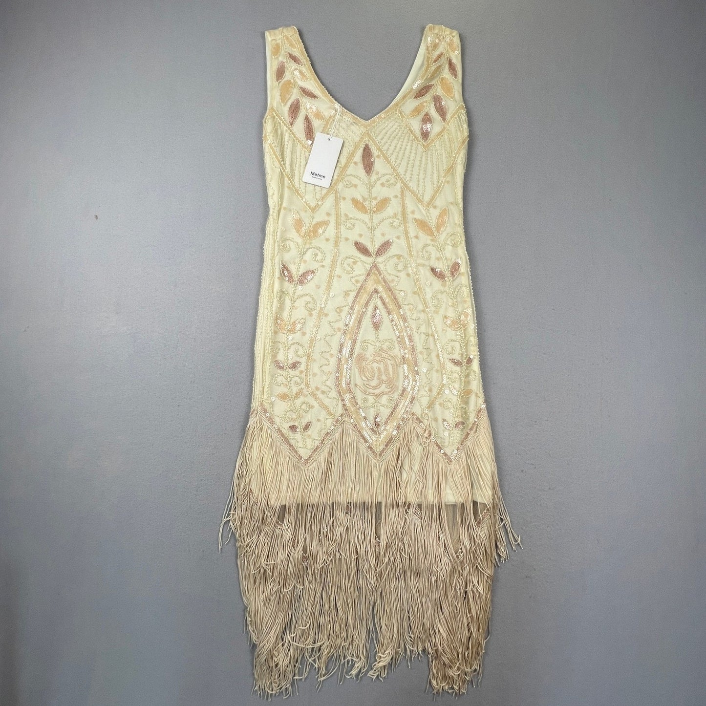 NWT Metme Flapper Dress Womens Small Cream Sequin Fringe Art Deco Gatsby Party