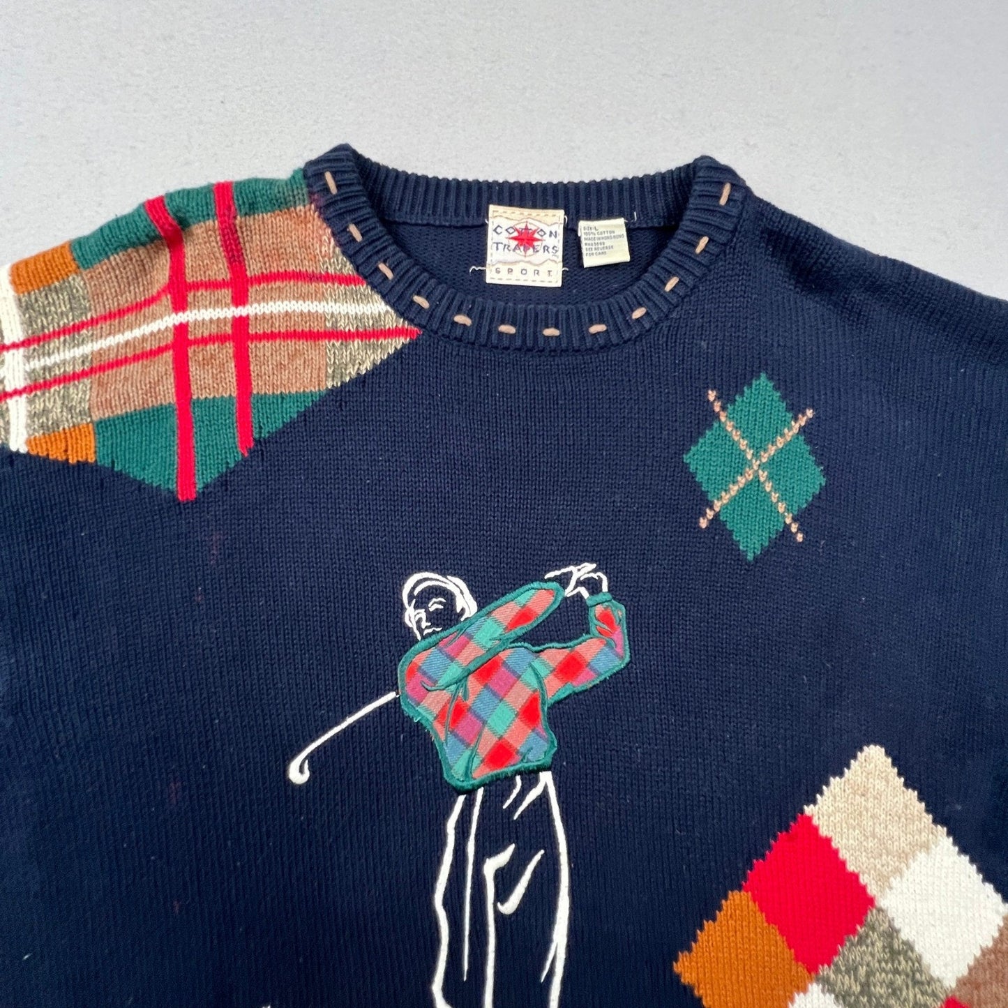Cotton Traders Golf Sweater Mens Large Navy Blue Argyle Plaid Intarsia Vintage