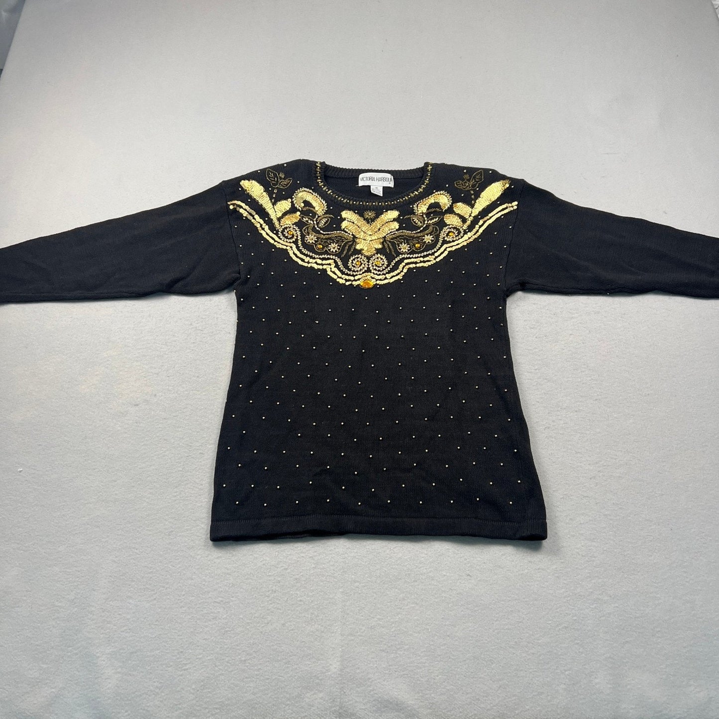 VTG 90s Victoria Harbour Sweater Women M Black Gold Sequin Beaded Party Glam