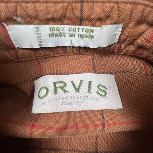 Orvis Button Down Shirt Mens L Brown Windowpane Plaid Cotton Outdoor Casual VTG