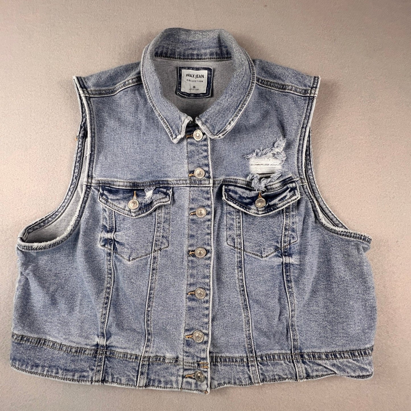 Wax Jean Denim Vest Women 3XL Blue Distressed Cropped Jean Jacket Sleeveless