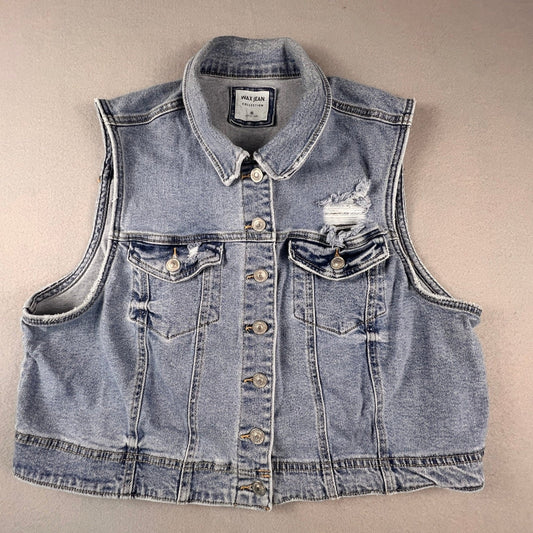Wax Jean Denim Vest Women 3XL Blue Distressed Cropped Jean Jacket Sleeveless