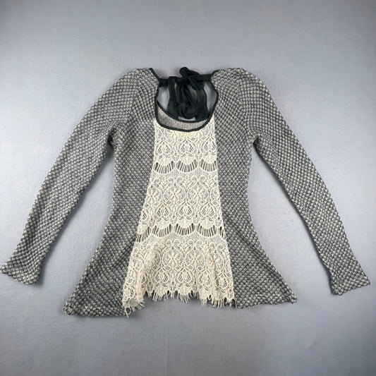 A'reve Knit Sweater Medium Lace Back Tie Boho Romantic Coquette Girl Whimsigoth