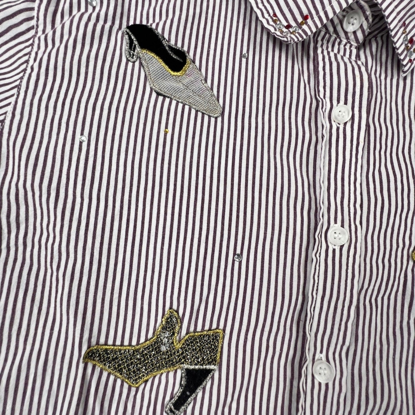 Bobbie Brooks Button Up Shirt Womens Small Purple Stripe Shoe Applique Blouse