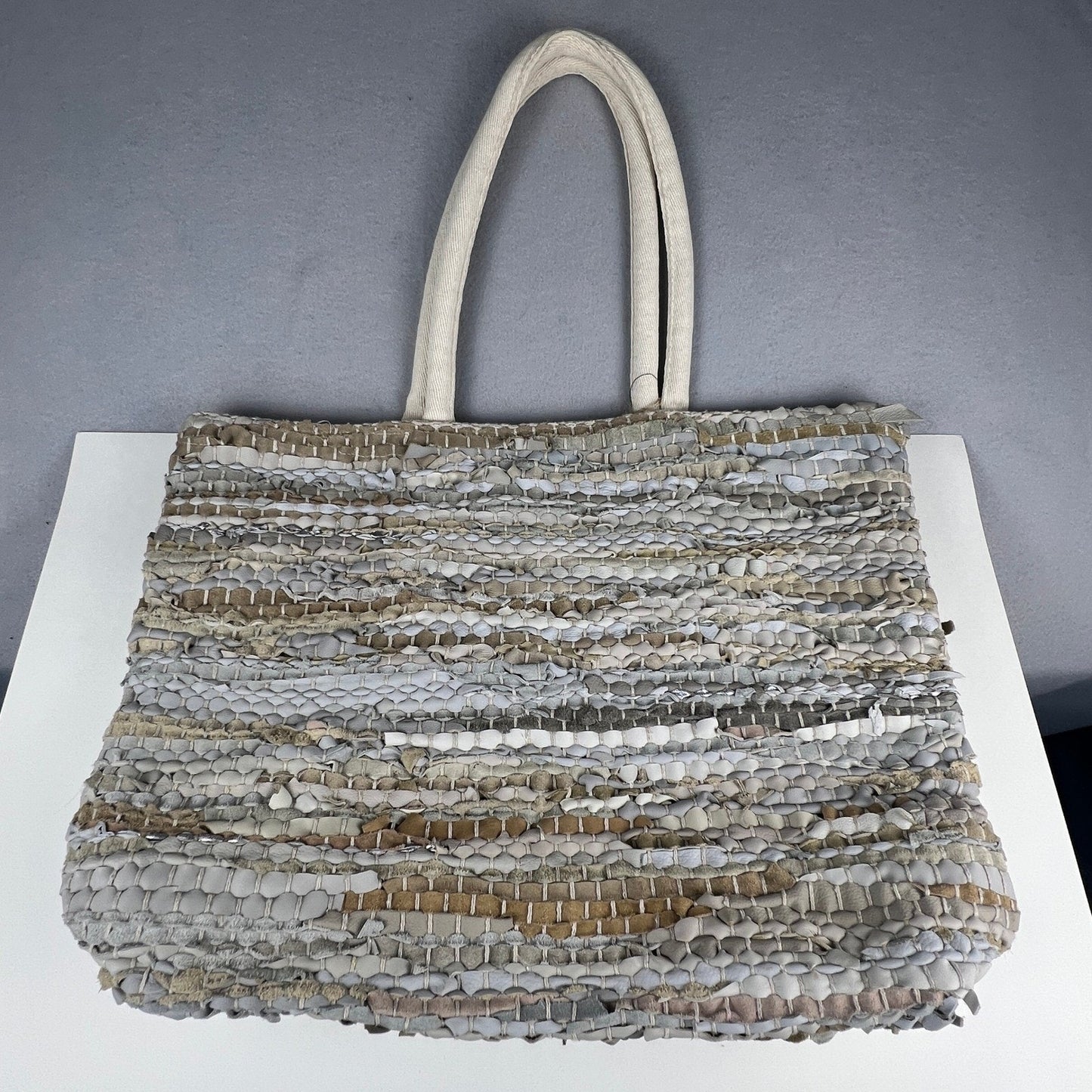 Handcrafted Upcycled Woven Tote Bag Large Neutral Boho Eco-Friendly Beach Travel