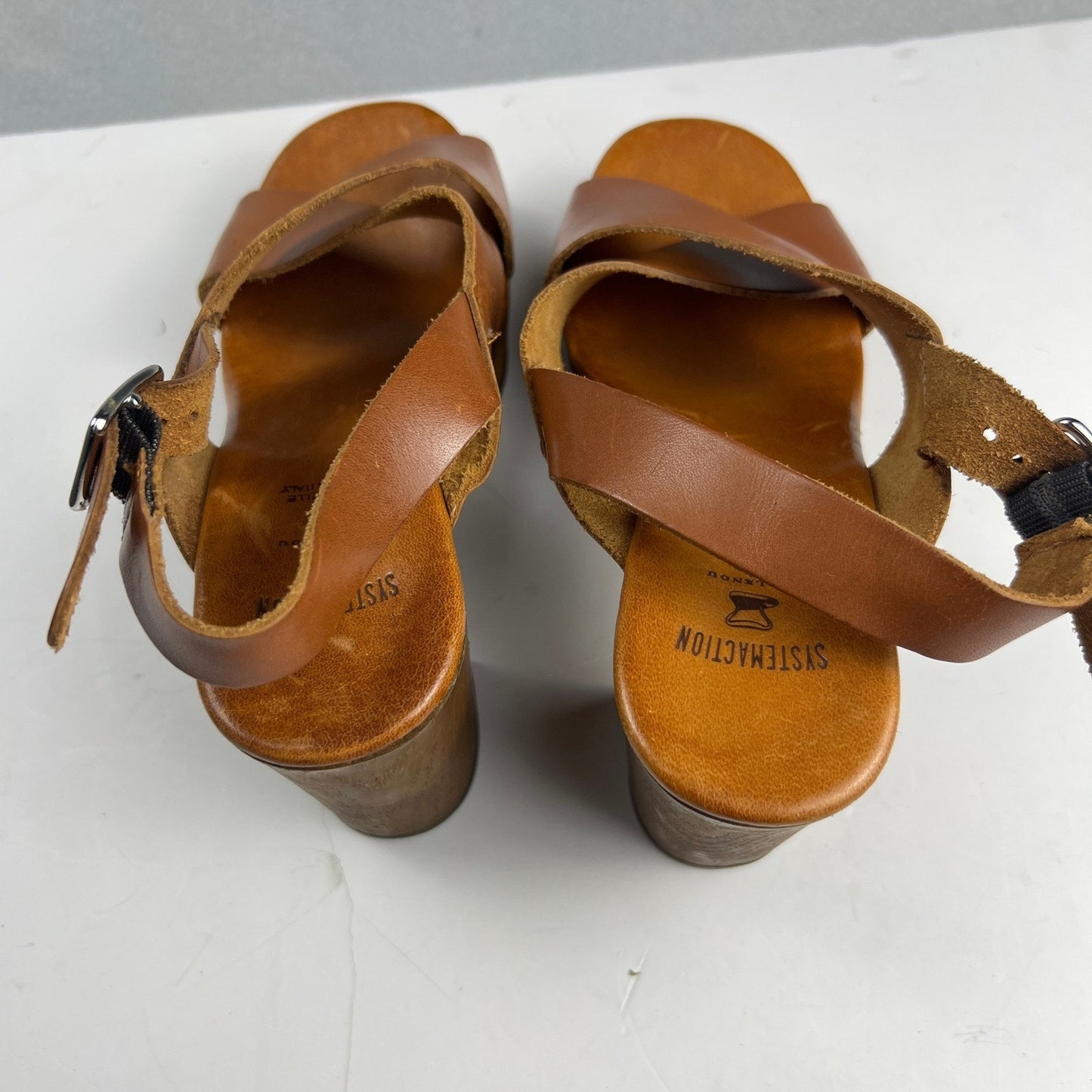 Brown Leather Wood Block Heel Boho Retro Platform Sandals Made in Italy Size 7