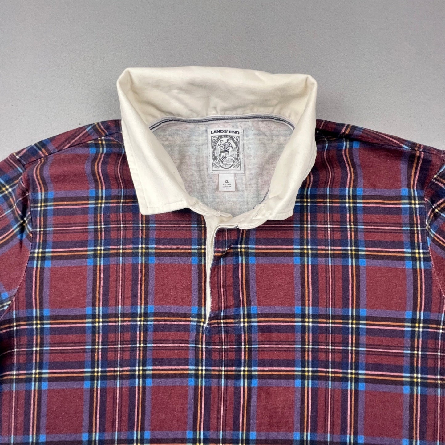 Lands' End Rugby Shirt Mens XL Burgundy Plaid Long Sleeve Cotton Preppy Classic