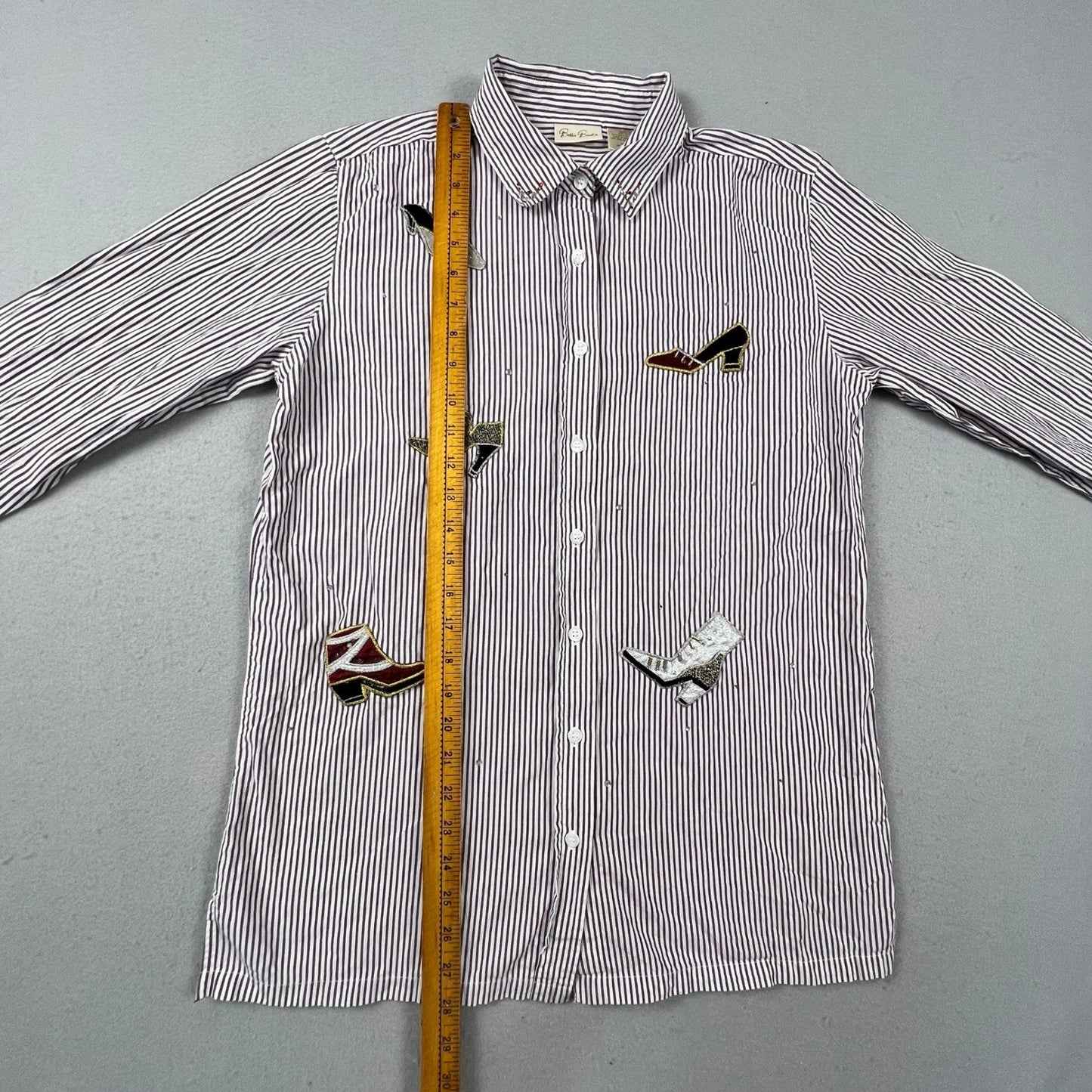 Bobbie Brooks Button Up Shirt Womens Small Purple Stripe Shoe Applique Blouse