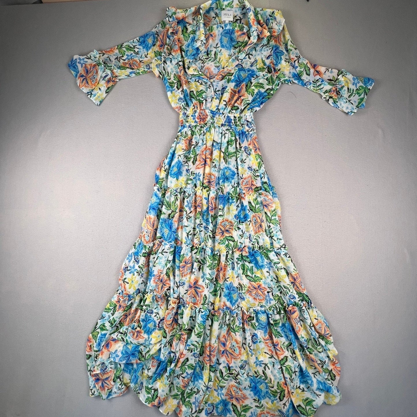 MISA Los Angeles Maxi Dress Womens S Blue Orange Floral Tiered Smocked Boho Luxe