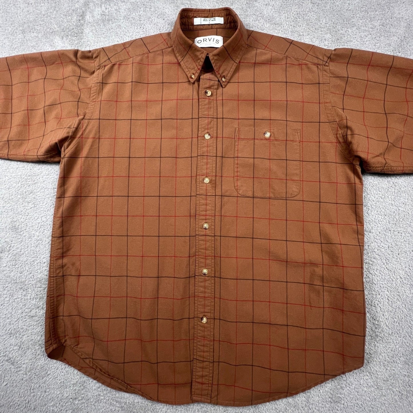 Orvis Button Down Shirt Mens L Brown Windowpane Plaid Cotton Outdoor Casual VTG