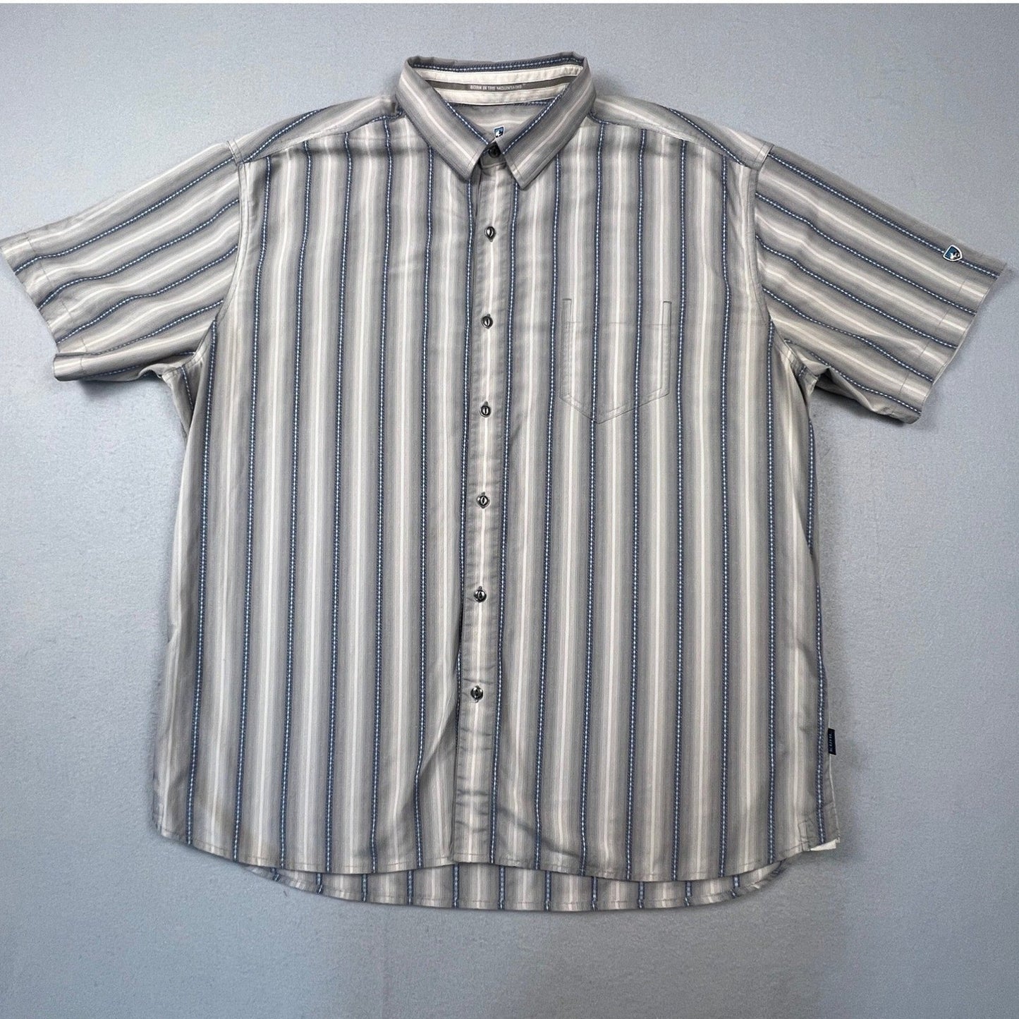 KUHL Button Down Shirt Mens XXL Grey Blue Striped Short Sleeve Outdoor Hiking