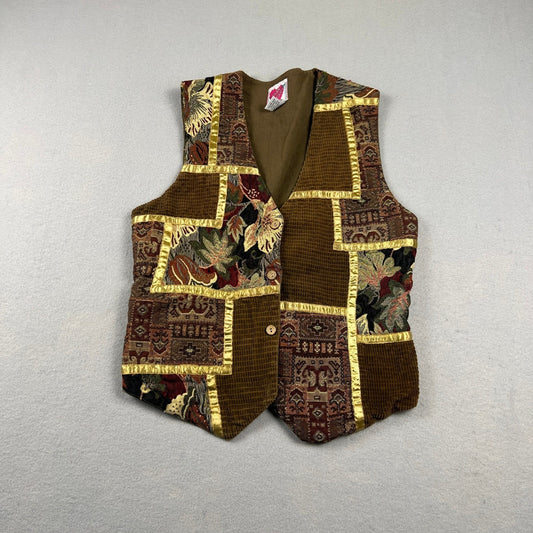 Keren Hart Patchwork Vest Women Small Brown Tapestry Corduroy Boho Artsy Vintage
