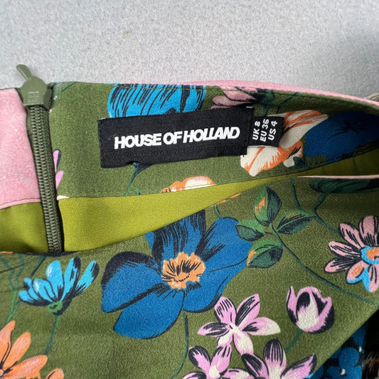 House of Holland Maxi Dress Womens 4 Green Floral Ruched Long Sleeve Boho Gown