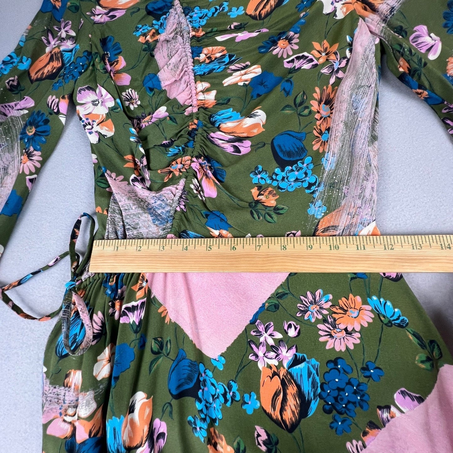 House of Holland Maxi Dress Womens 4 Green Floral Ruched Long Sleeve Boho Gown