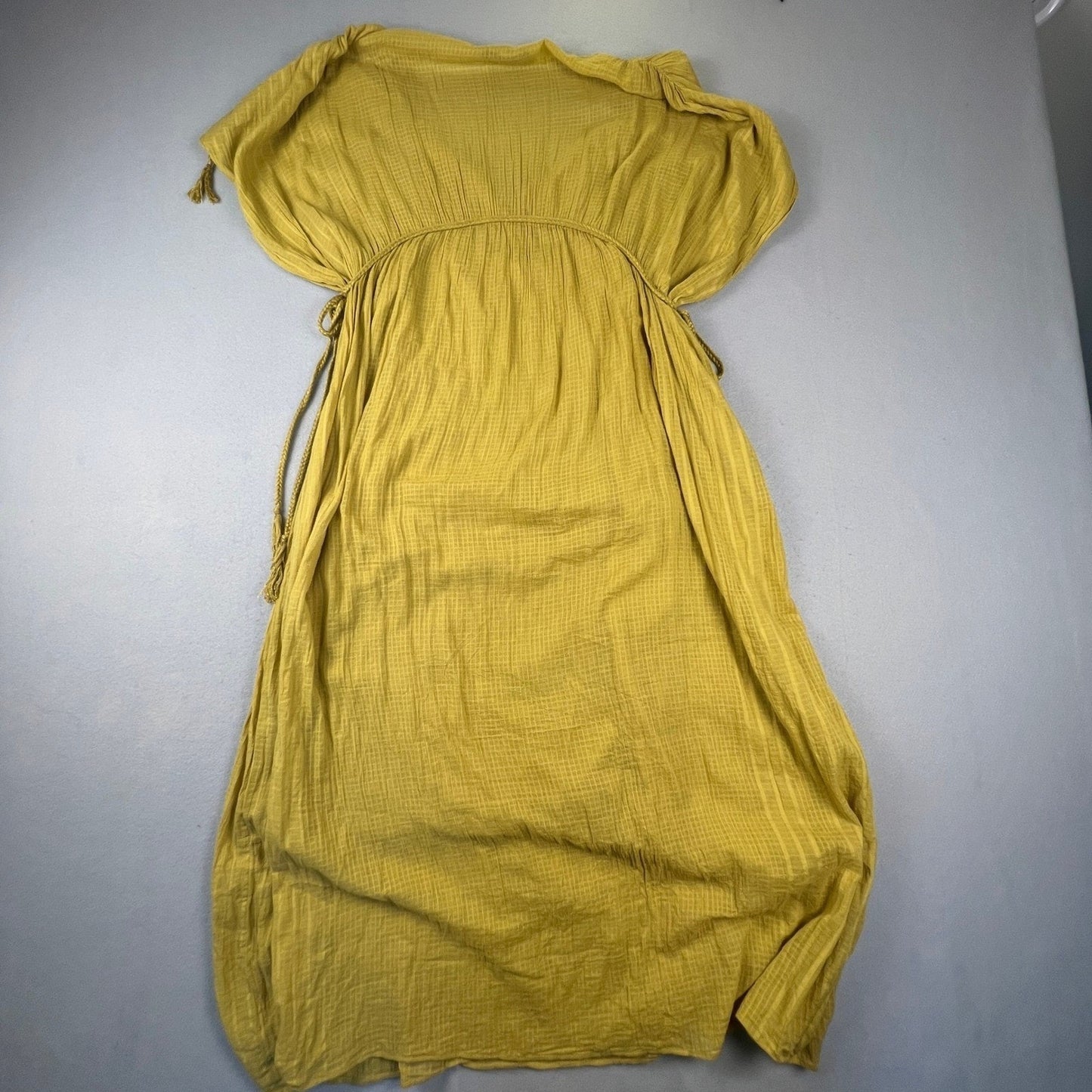 Zara Maxi Dress Womens M Yellow V-Neck Textured Tassel Boho Beach Kaftan