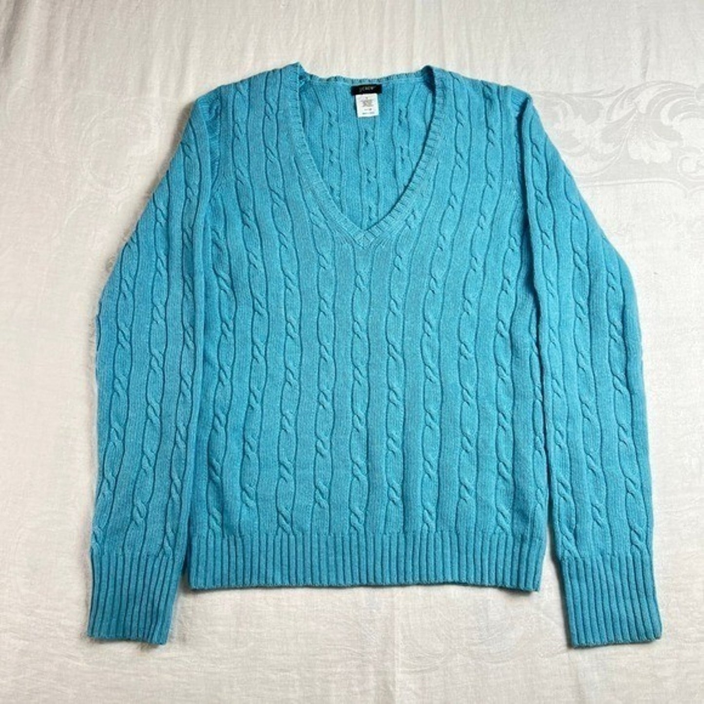 J.Crew Cable Knit Sweater Womens Small Blue Merino Wool V Neck Preppy Classic