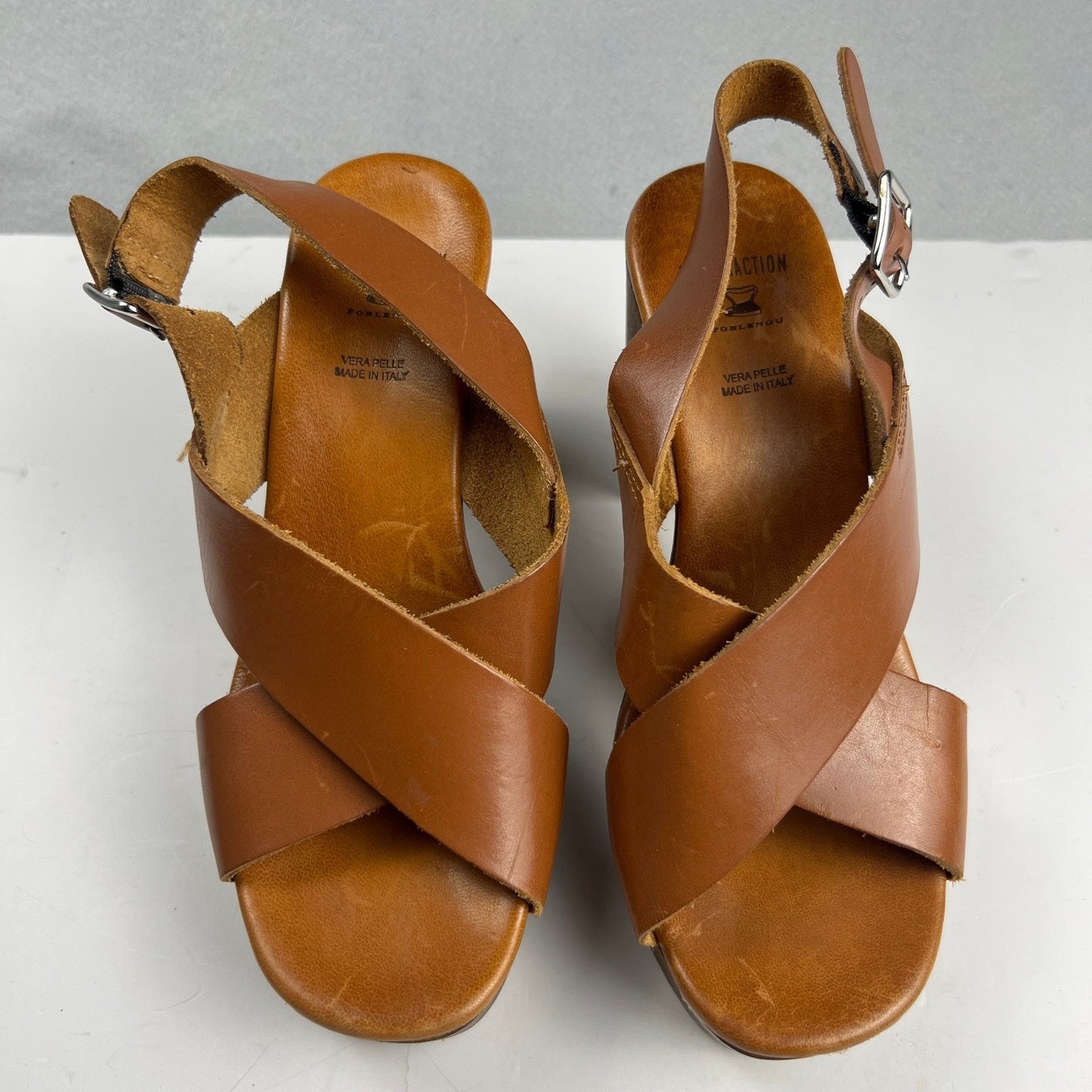 Brown Leather Wood Block Heel Boho Retro Platform Sandals Made in Italy Size 7