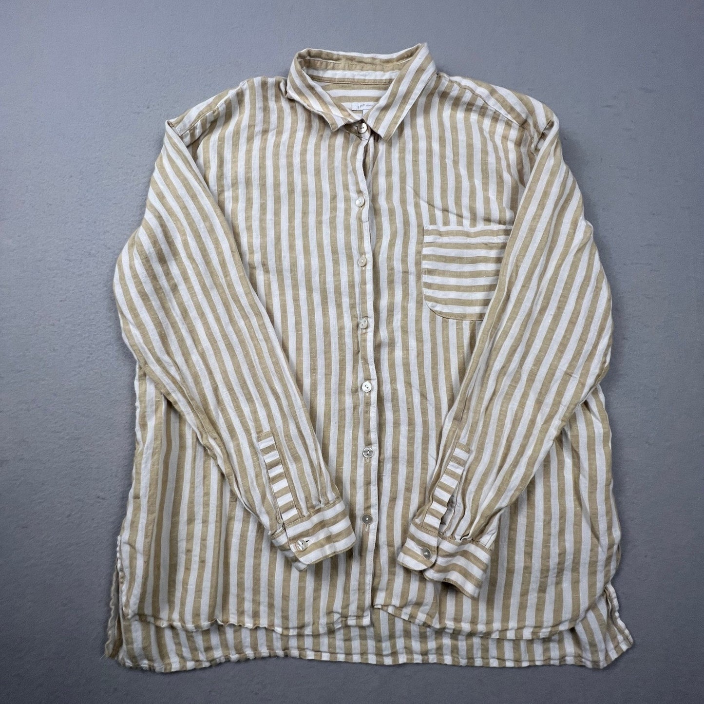 J. Jill Love Linen Button Down Shirt Womens Medium Tan Striped Coastal Classic