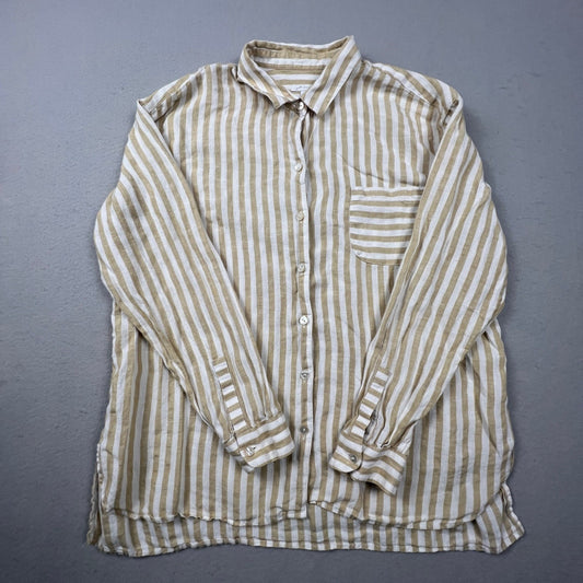 J. Jill Love Linen Button Down Shirt Womens Medium Tan Striped Coastal Classic