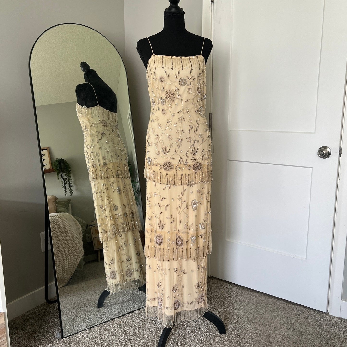 Vintage Style Beaded Dress Small Champagne Sequin Flapper Gown Bridal Wedding
