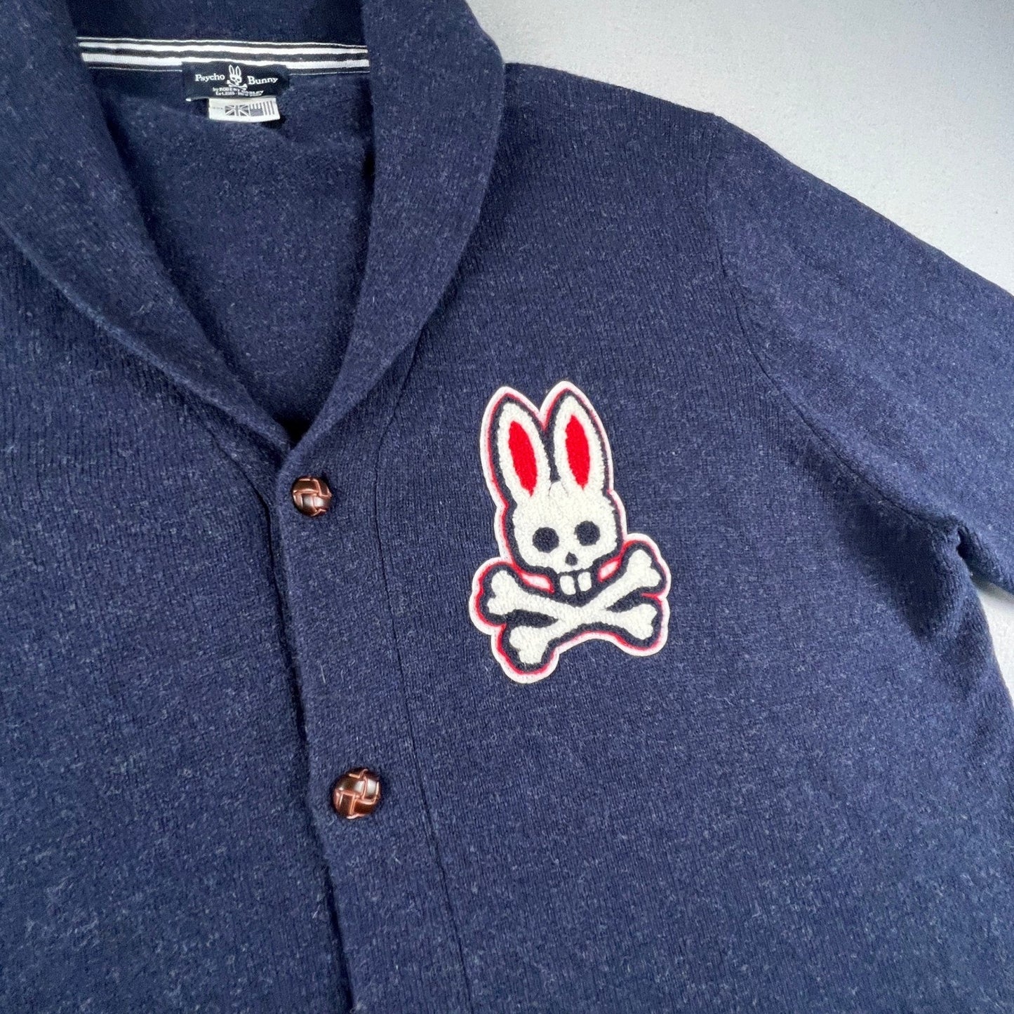Psycho Bunny Cardigan Sweater Mens 2XL Navy Blue Wool Logo Shawl Preppy Academia