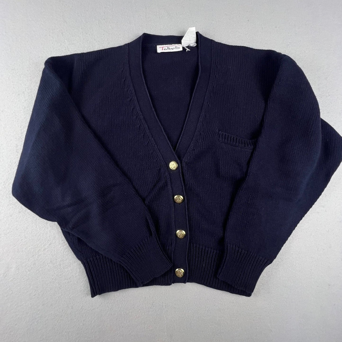 Talbots Cardigan Sweater Womens Medium Navy Blue Gold Crest Button Cotton Preppy