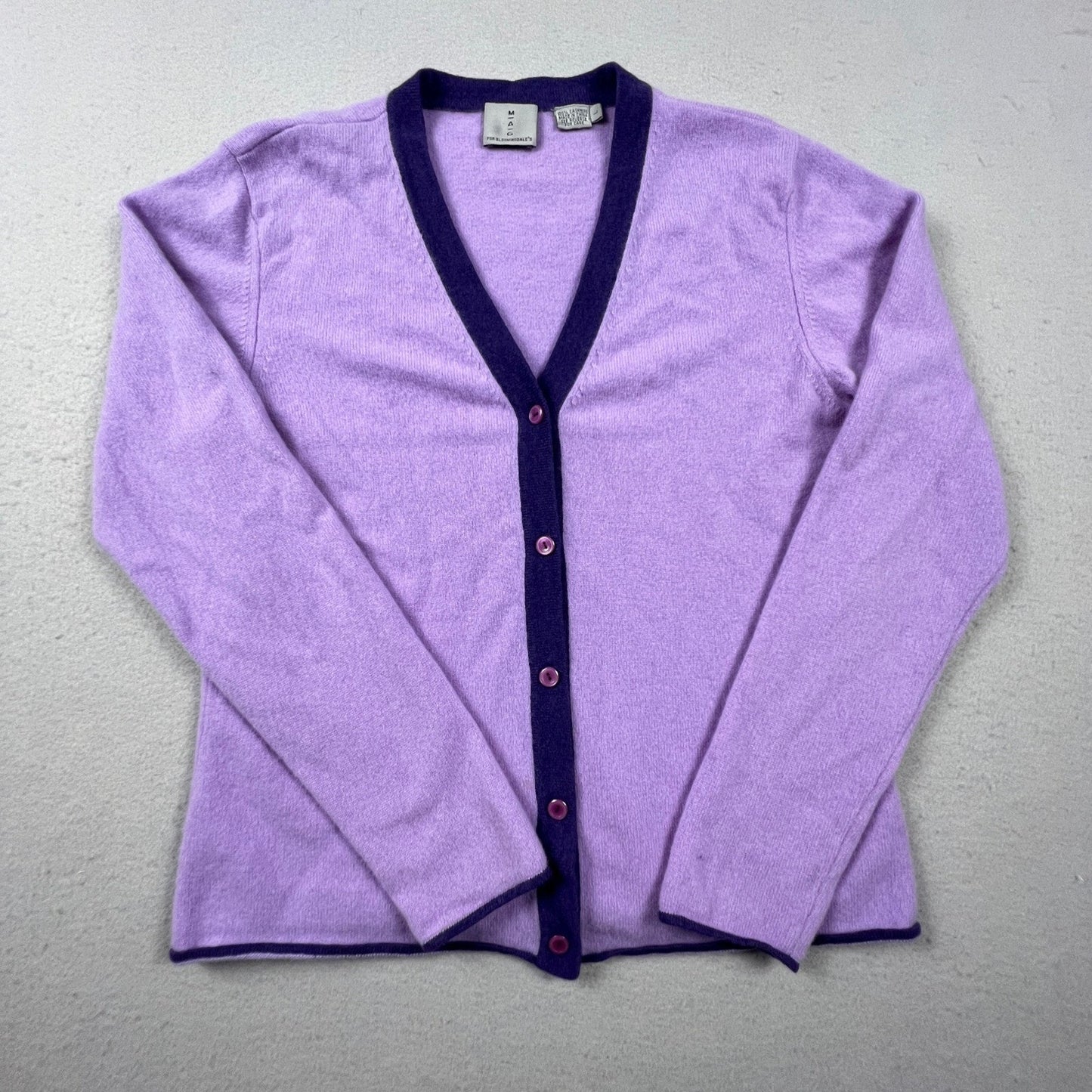 MAG Cardigan Womens L Purple 100% Cashmere V-Neck Bloomingdales Luxury Soft