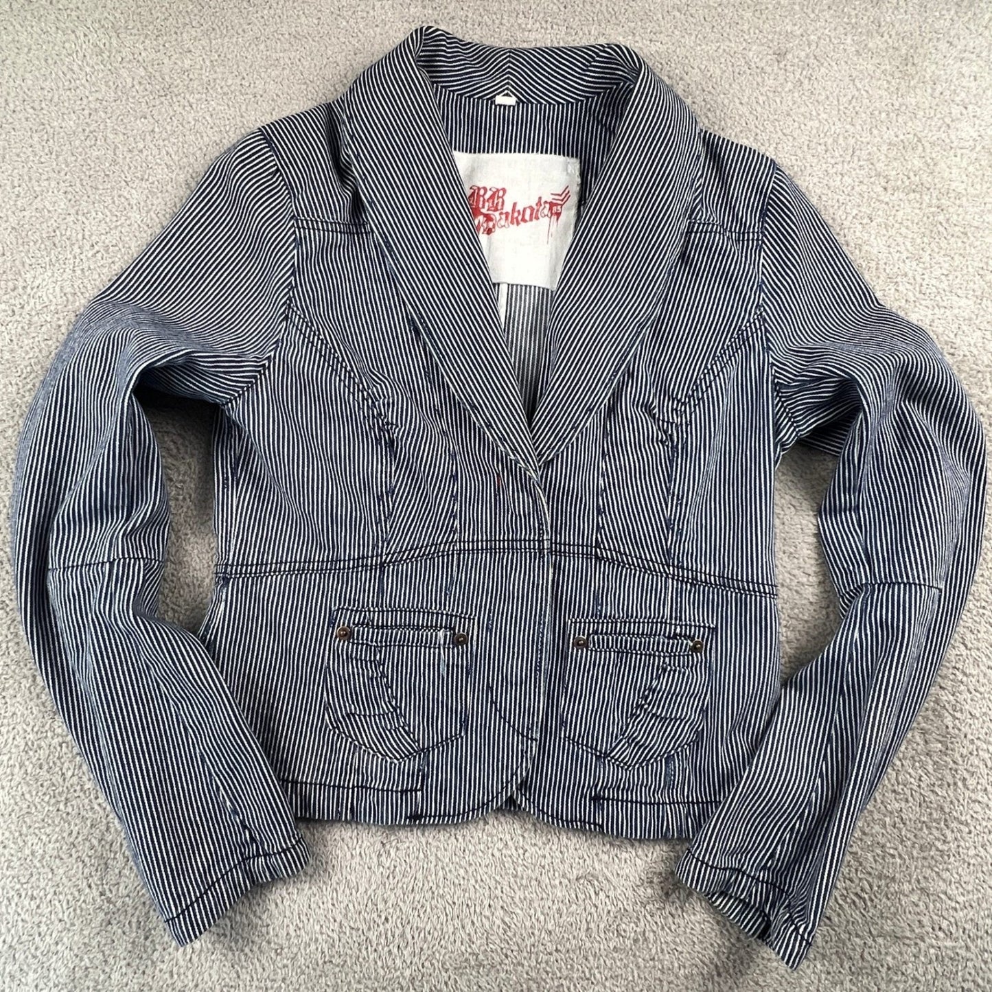 BB Dakota Hickory Stripe Denim Blazer Womens Medium Blue Fitted Peplum Jacket