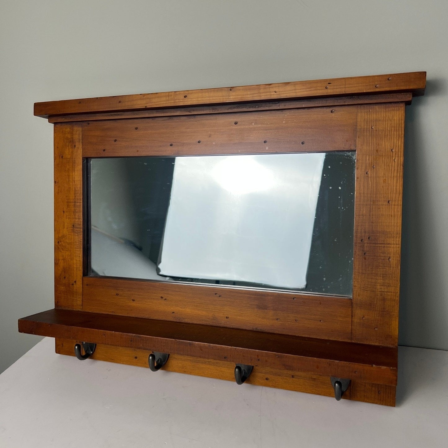 Wood Wall Mirror Entryway Shelf 20x14 Brown Rustic Farmhouse Decor Grandmacore
