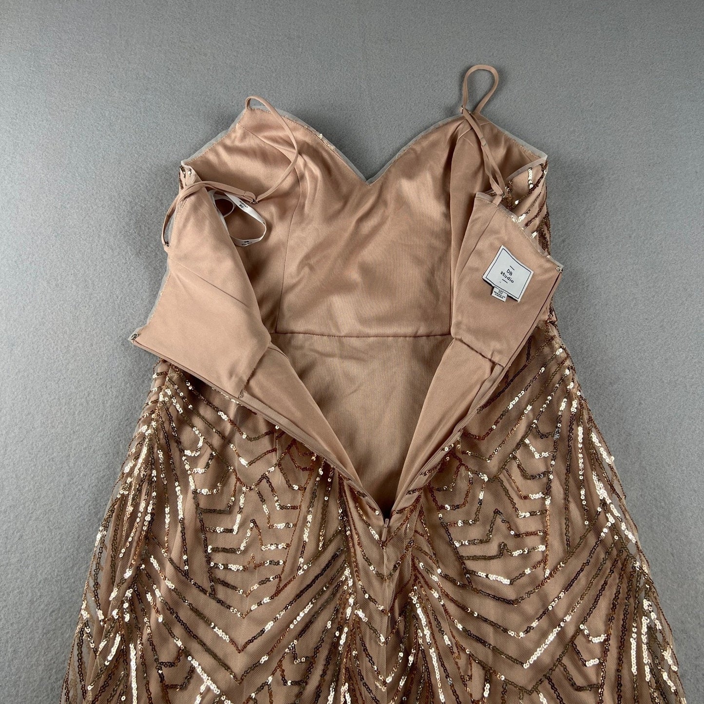 Sequin Maxi Dress Womens 10 Rose Gold Art Deco Formal Prom Gown Wedding Bridal