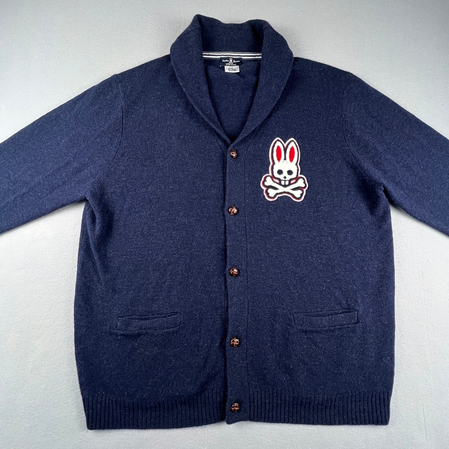 Psycho Bunny Cardigan Sweater Mens 2XL Navy Blue Wool Logo Shawl Preppy Academia