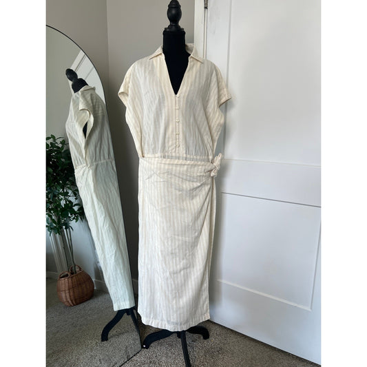 Midi Dress Womens L Cream Pinstripe Wrap Tie Cotton Casual Universal Thread
