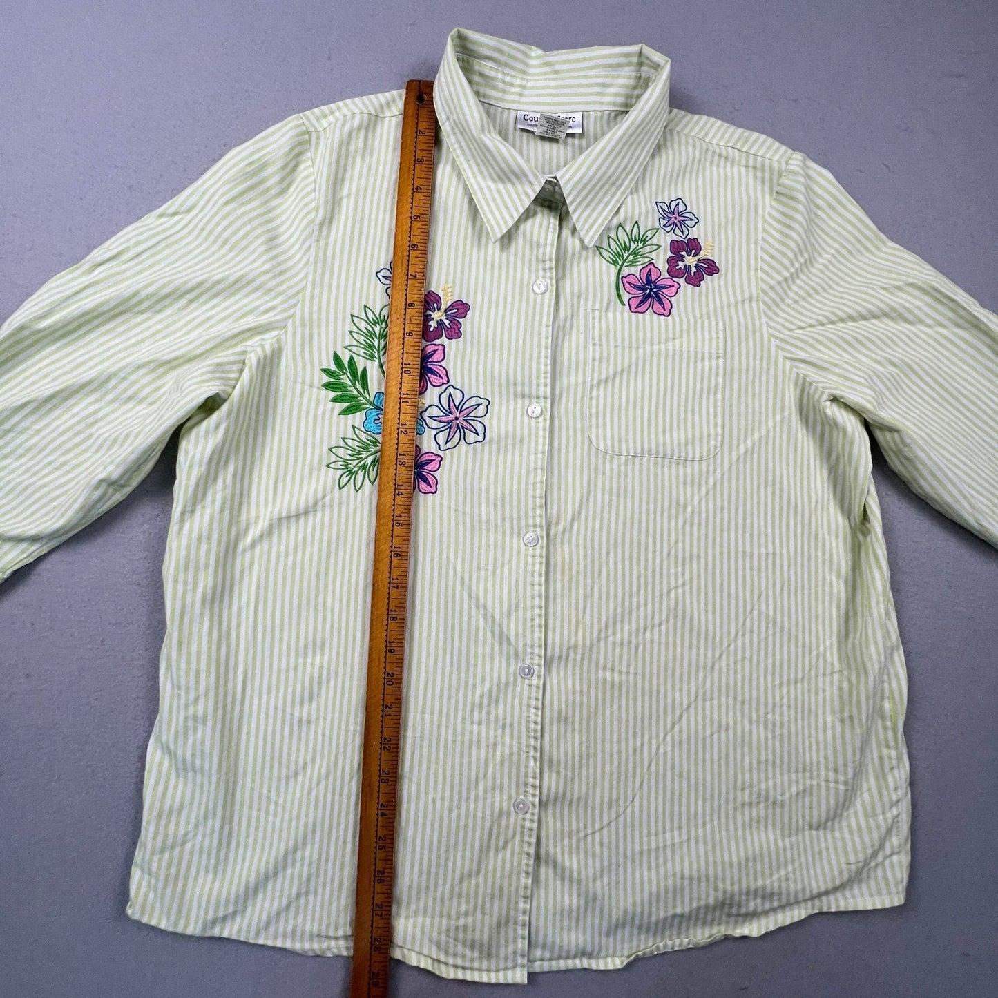 Country Store Button Down Shirt Womens XL Green Striped Floral Embroidered Top
