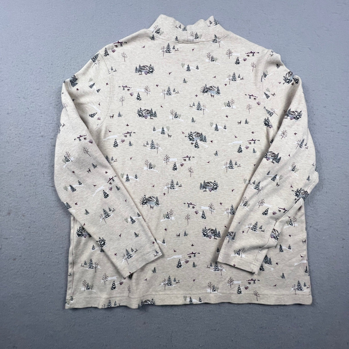 Winter Scene Pine Tree Cotton Shirt Mock Neck Top Womens XL Beige Croft & Barrow