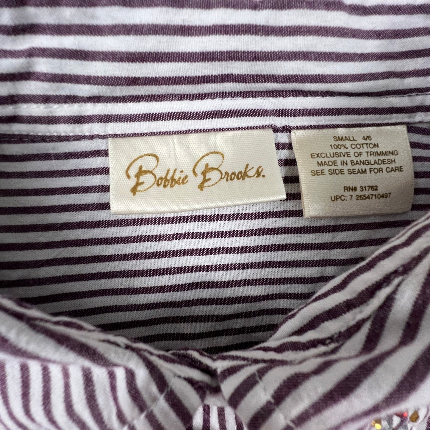 Bobbie Brooks Button Up Shirt Womens Small Purple Stripe Shoe Applique Blouse