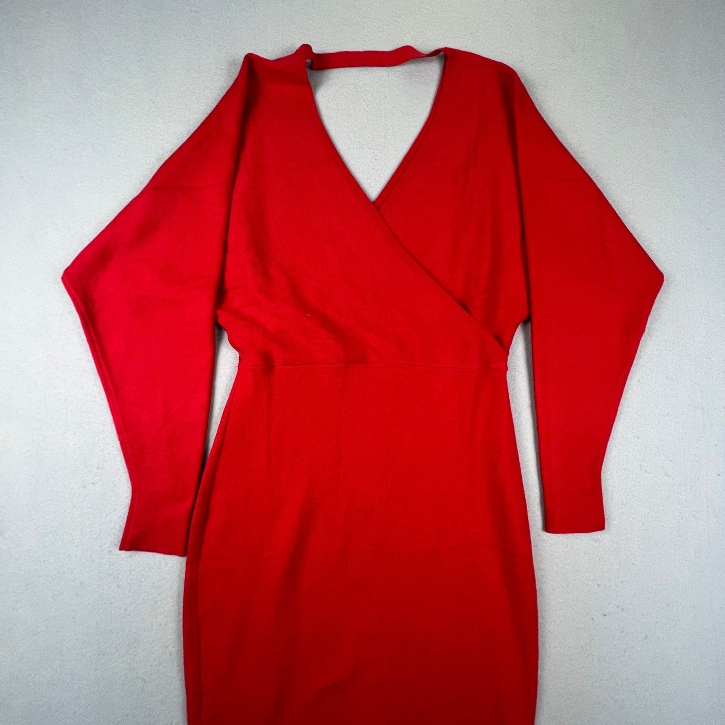 Knit Wrap Midi Dress Women M Red Tie Waist Long Sleeve Cocktail Dress Datenight