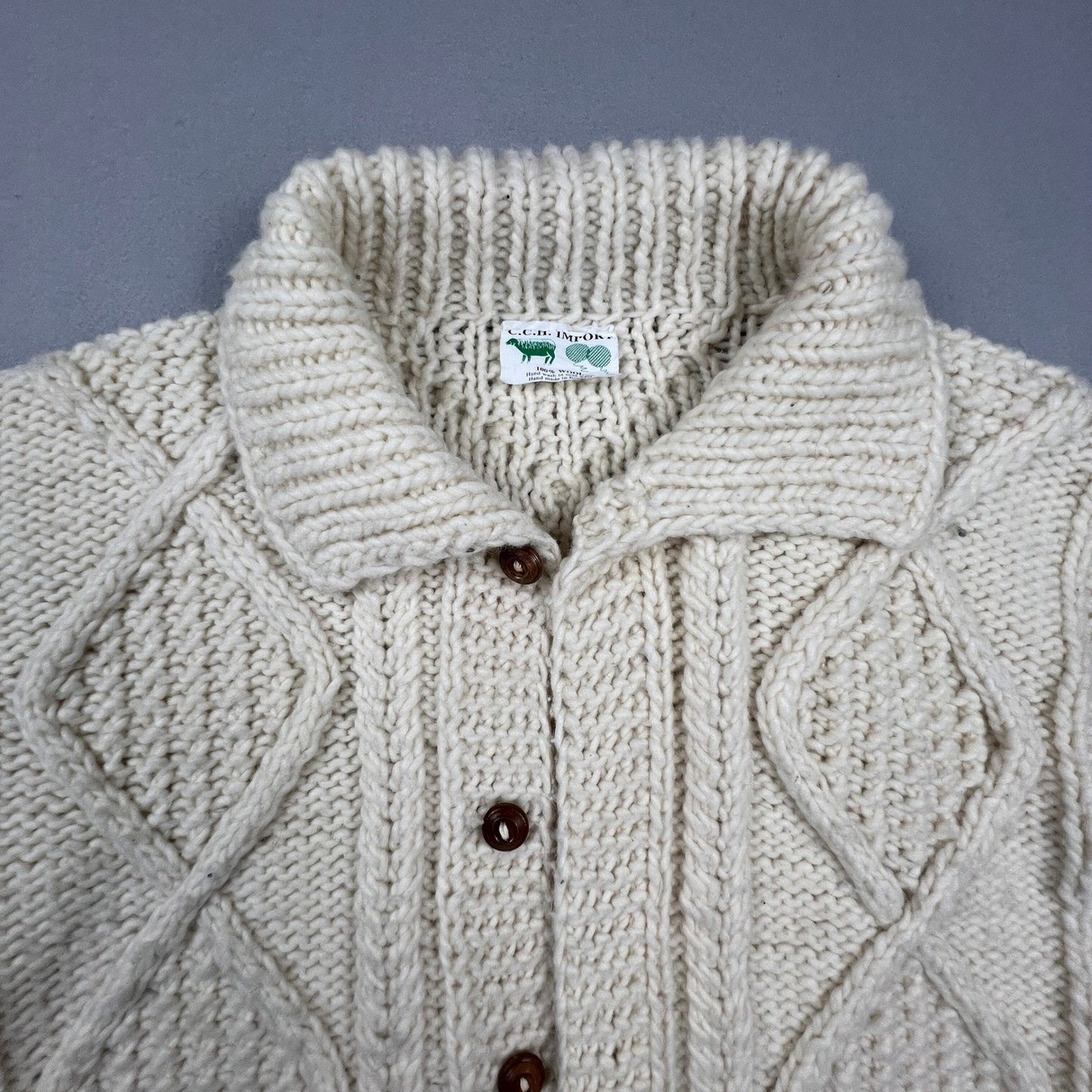 Vintage Hand Knit Cardigan Sweater Mens L Cream Wool Cable Knit Ecuador C.C.H.