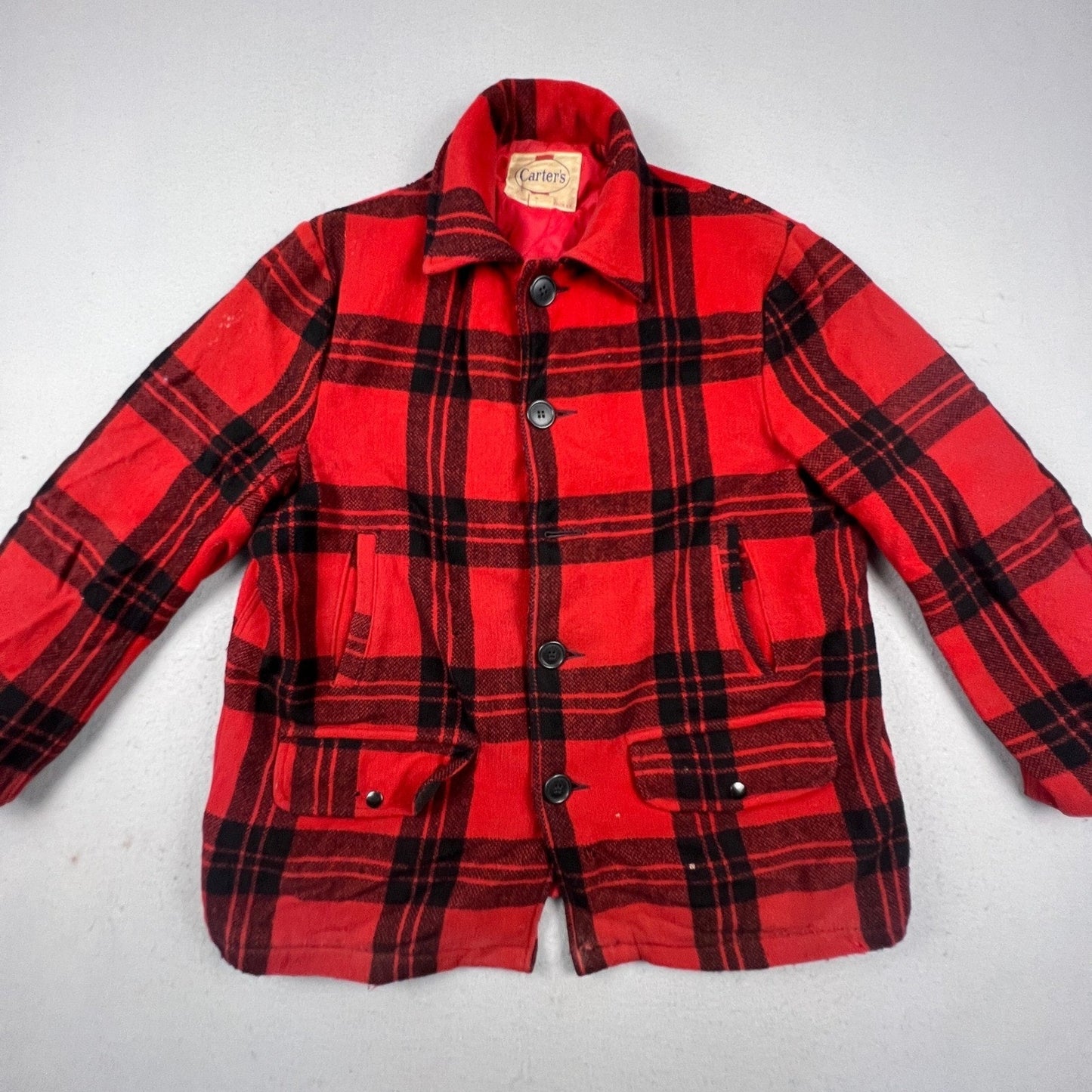 Vintage Carters Hunting Jacket Mens 44 Red Plaid Wool Buffalo Check Cruiser Coat