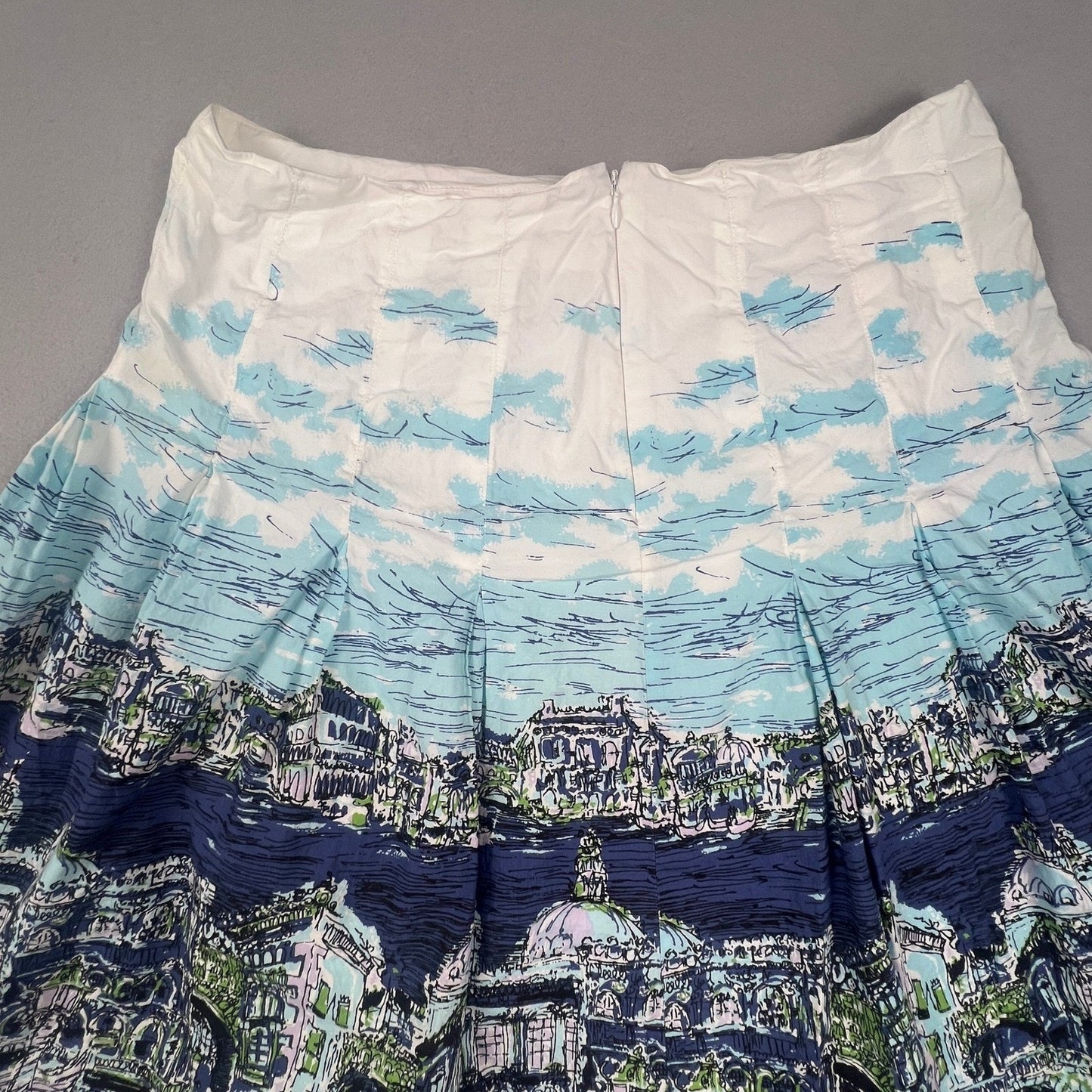 Talbots Pleated Skirt Womens 10 Blue Venice Cityscape Print A-Line Knee Length