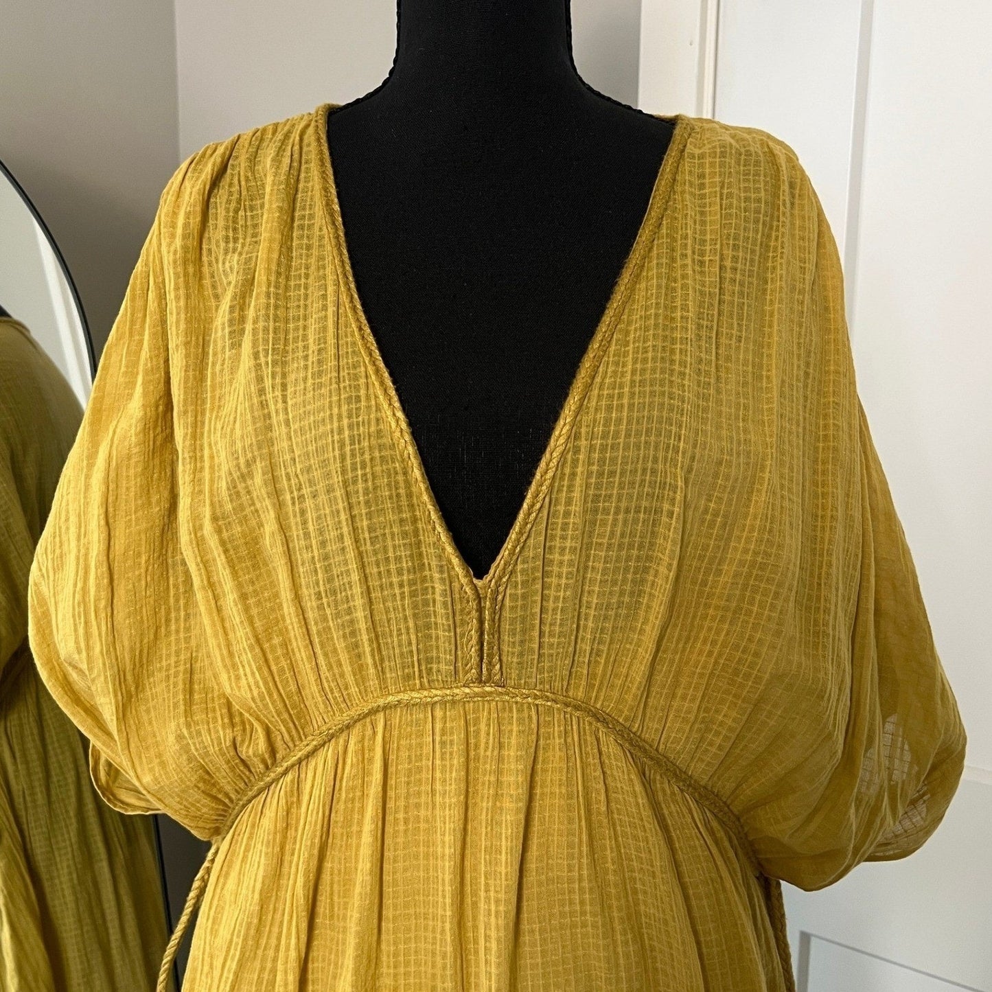 Zara Maxi Dress Womens M Yellow V-Neck Textured Tassel Boho Beach Kaftan
