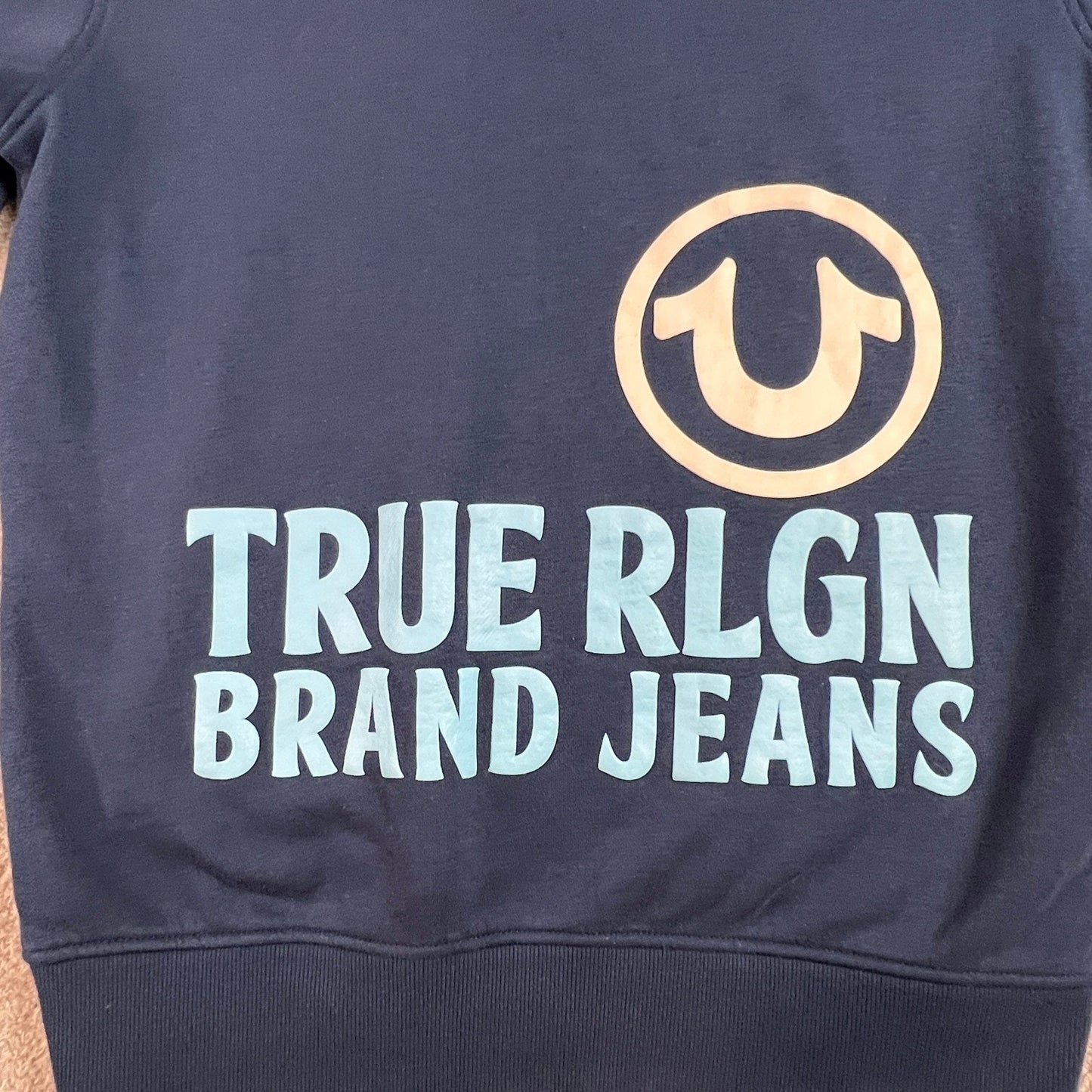 True Religion Hoodie Mens Medium Blue Horseshoe Logo Pullover Sweatshirt