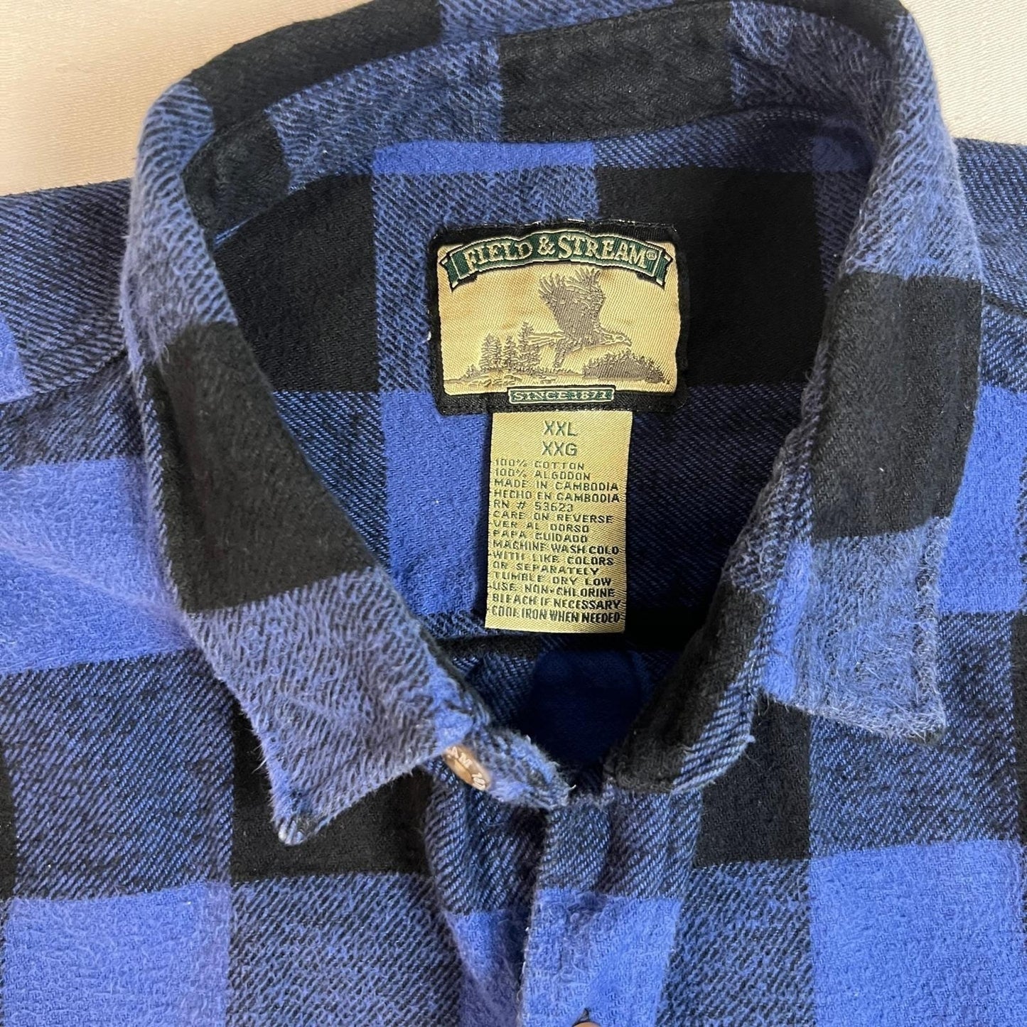 Field & Stream Shirt Men's XXL Flannel Plaid Long Sleeve Button Up Blue Black